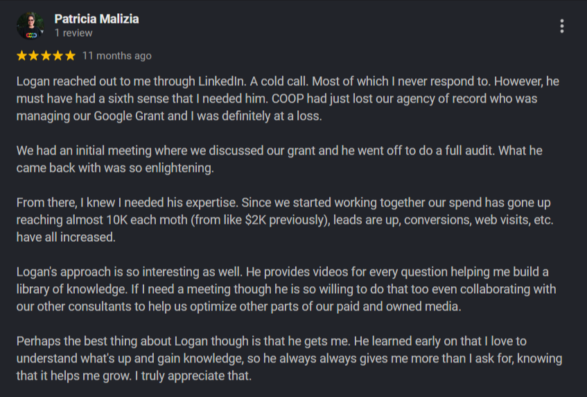 Google review — Patricia Malizia